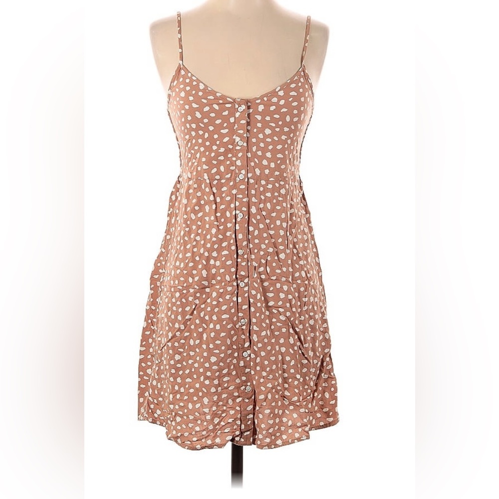 Aerie Tan And White Button Down Polka Dot Dress - Small